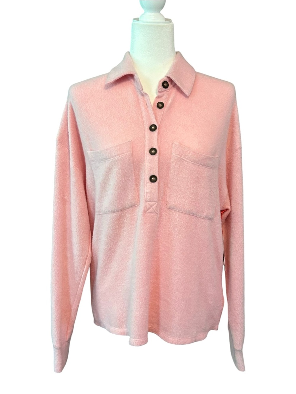 NWT OPEN EDIT Half Button Polo Long Sleeve Fleece Top Women’s SZ S in Pink Peony